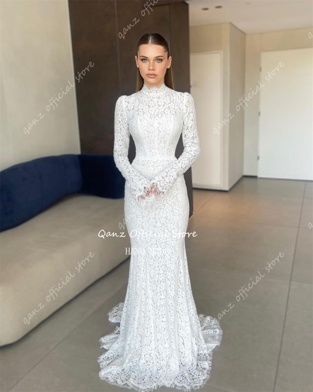 Qanz Bohemian Volle Spitze Brautkleider Meerjungfrau Mit Langen Ärmeln Knochen Elegante Vestidos De Novia Boda Boho Brautkleid Angepasst
