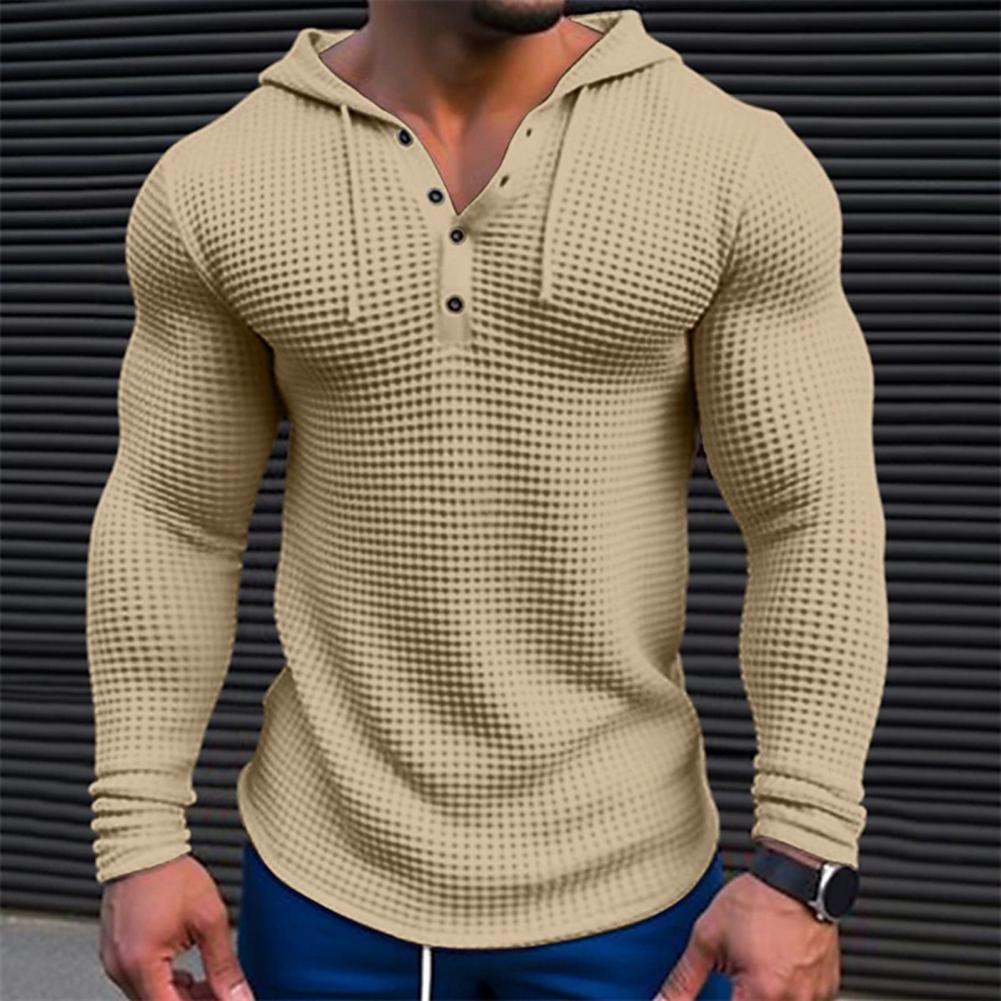 Primavera cor sólida magro ajuste camiseta de manga comprida, topo esportivo respirável com capuz masculino, camisa casual de manga comprida de algodão waffle