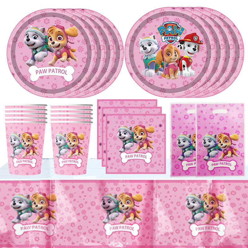 Nueva decoración de fiesta de cumpleaños Skye Paw Patrol, vajilla canina rosa, platos de papel, vasos, servilletas, suministros de globos para fiesta temática Skye