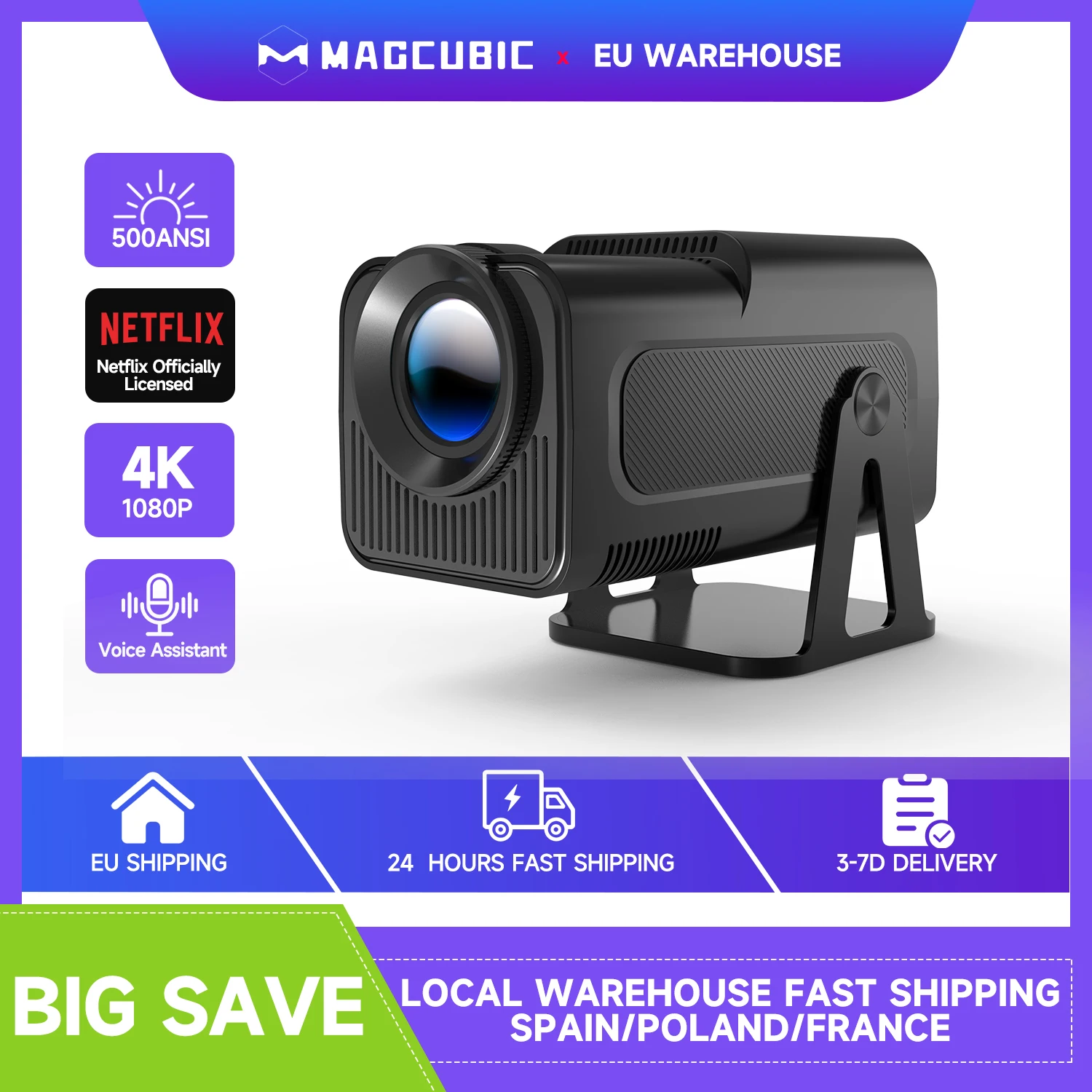 Magcubic HY320 NTV Netflix Oficjalnie Licencjonowany Projektor Android 13 z rozdzielczością 1080P 500ANSI, obsługą Prime Video, YouTube, WiFi i BT5.2, przenośny.