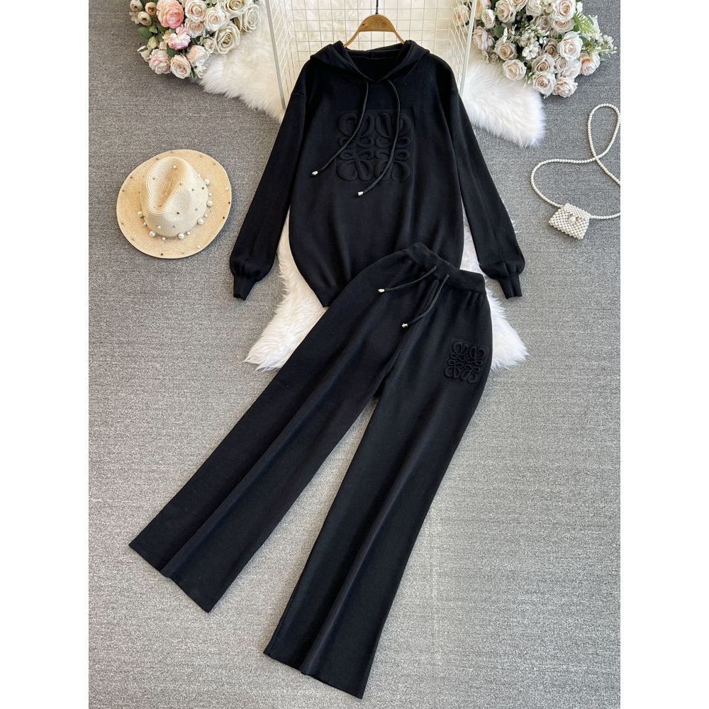 Moda terno feminino versão coreana solta malha com capuz topo casual cintura alta emagrecimento perna reta calças de perna larga conjunto de duas peças