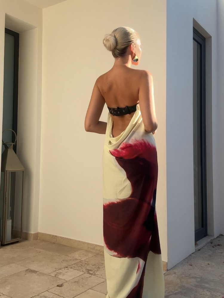 Женское длинное платье без бретелек, с открытыми плечами и принтом