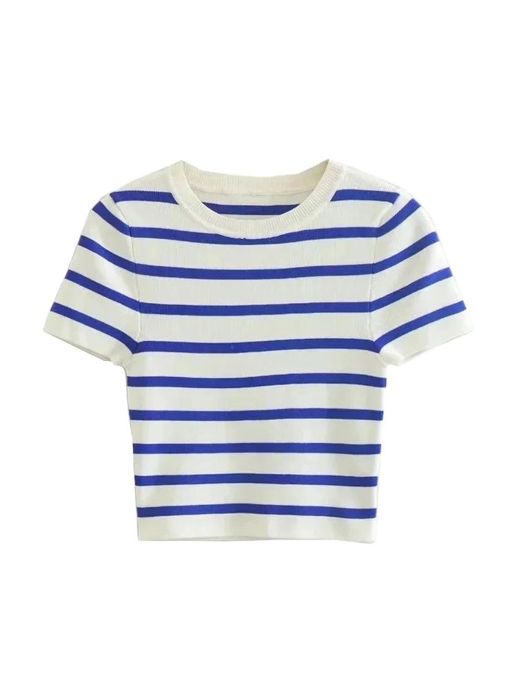 Damesmode Gestreepte Basic Cropped Gebreide Trui Vintage O Hals Korte Mouw Vrouwelijke Truien Chique Tops