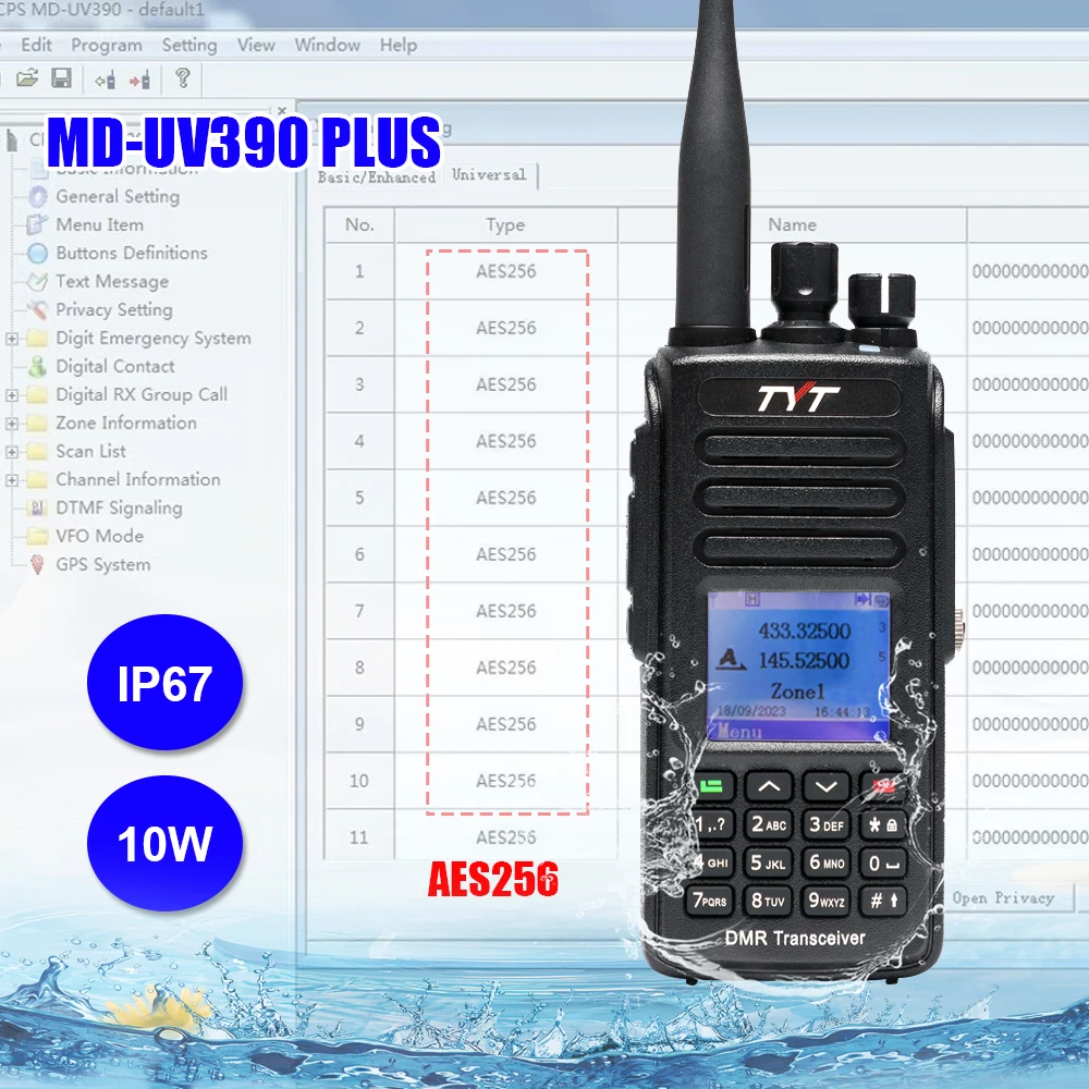 NEW 10W TYT MD-UV390PLUS AES256 Encryption DMR Digital Radio IP67 Dual Band 136-174&400-480mhz Walkie Talkie Long Range