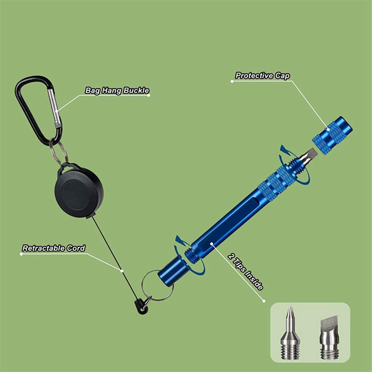 A71P Apontador de ranhuras para tacos de golfe 3 em 1, ferramenta de limpeza de tacos de golfe com cabeças substituíveis e mosquetão retrátil