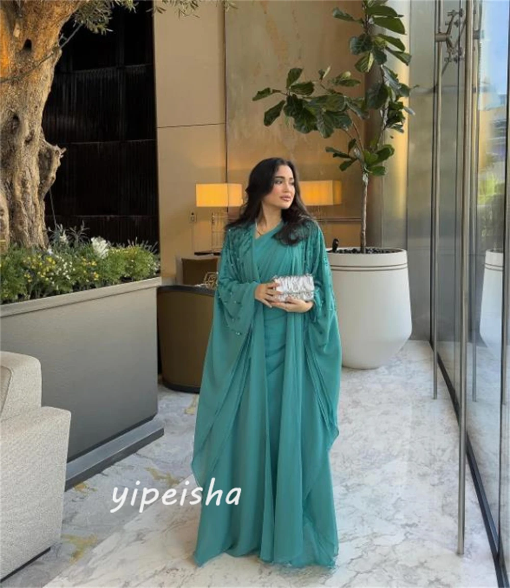Jiayigong personalizado chiffon beading plissado formatura a linha com decote em v vestidos de ocasião sob medida até o chão