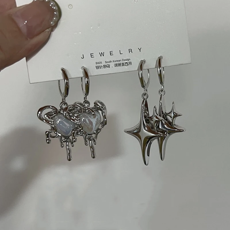 Pendientes simples de estrella de Color plateado para mujer, pendientes de aro de corazón de piedra de ópalo Punk Y2K, joyería bonita para uso diario, regalos de fiesta