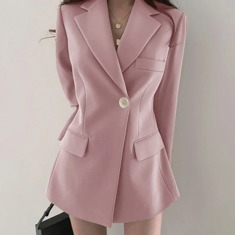 Casual Büro Dame Blazer Mantel Frauen 2023 Herbst Single Button Tasche Langarm Anzüge Tops Weibliche Solide Elegante Jacker Mäntel