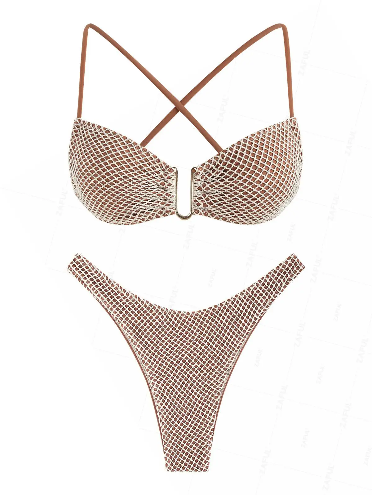 ZAFUL Women's Fishnet Mesh Tie Cami Shell Decor Triangle String Tanga Two Piece Bikini Swimwear