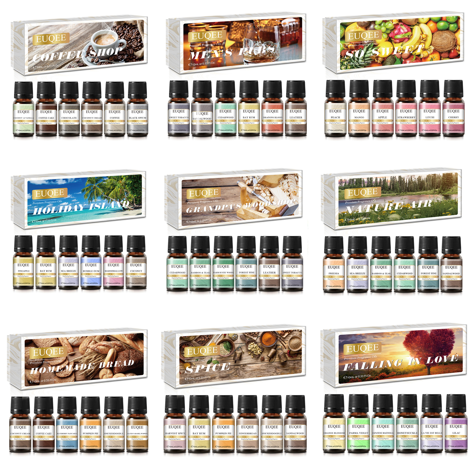 EUQEE 6 unids/set Kit de regalo de aceite aromático para difusor café panadería cosecha especias calabaza pastel bosque pino fruta dulce aceites aromáticos