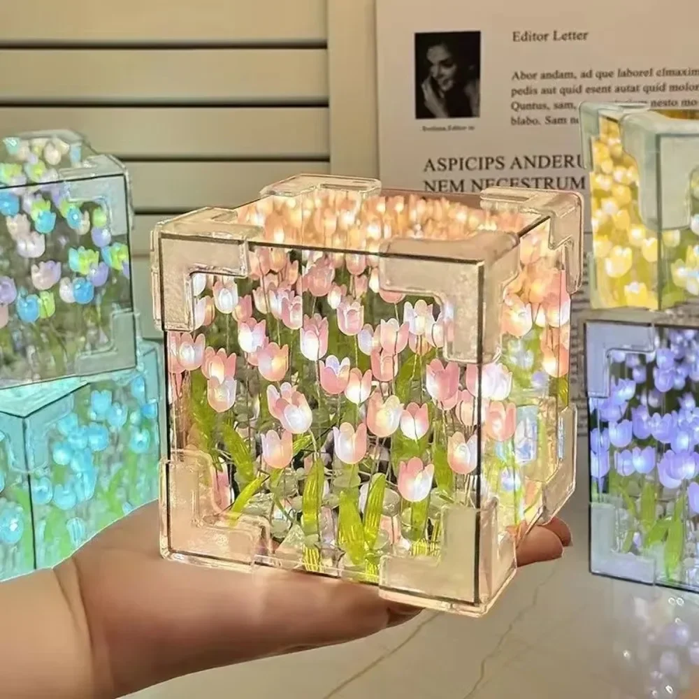 2025 DIY Tulip Sea Cube Espejo Luz nocturna Materiales de decoración de automóviles Regalos de cumpleaños hechos a mano para amigos y colegas