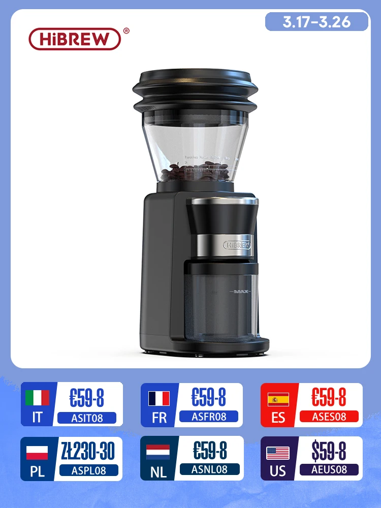 HiBREW Automatische Gratmühle, elektrische Kaffeemühle mit 34 Gängen für Espresso, amerikanischer Kaffee, zum Übergießen von visuellen Bohnen, Aufbewahrung G3