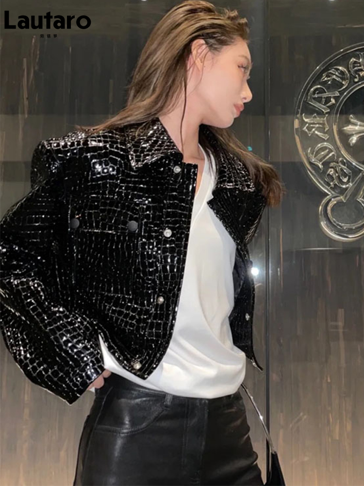 Lautaro Frühling Herbst Kühlen Kurzen Schwarzen Shiny Reflektierende Patent Leder Jacke Frauen Runway Luxus Designer Kleidung Mode 2022