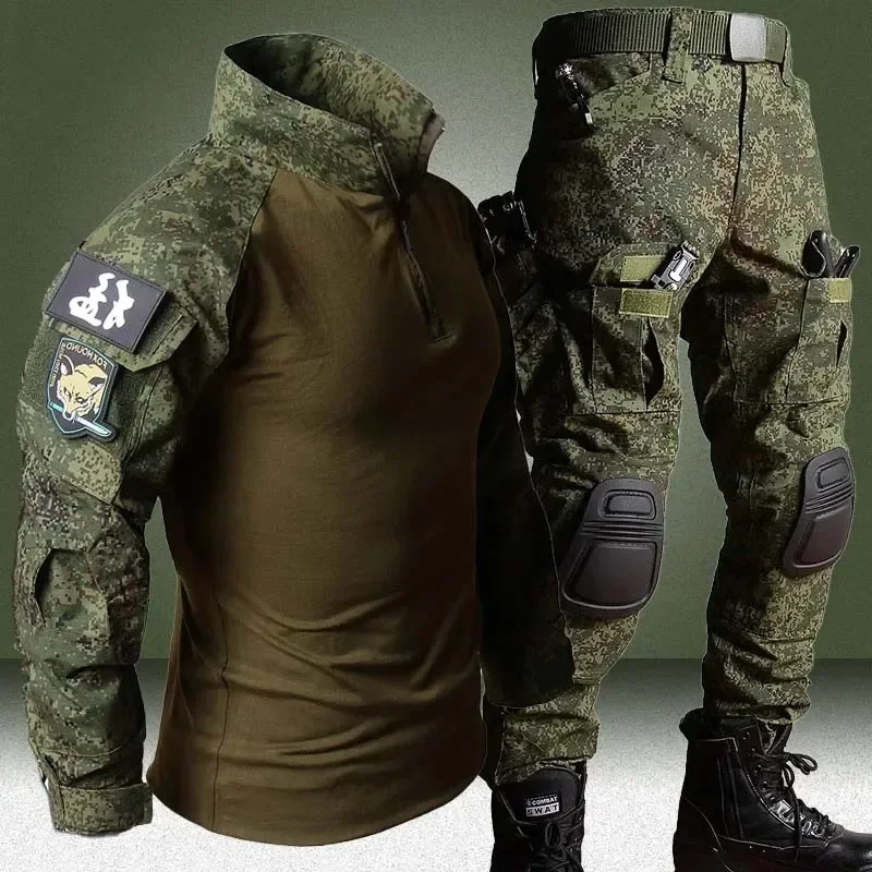 RU Camo zestawy taktyczne mężczyźni Outdoor oddychające koszulki z długim rękawem + proste spodnie Cargo z wieloma kieszeniami 2 szt. Garnitur treningowy zestaw bojowy