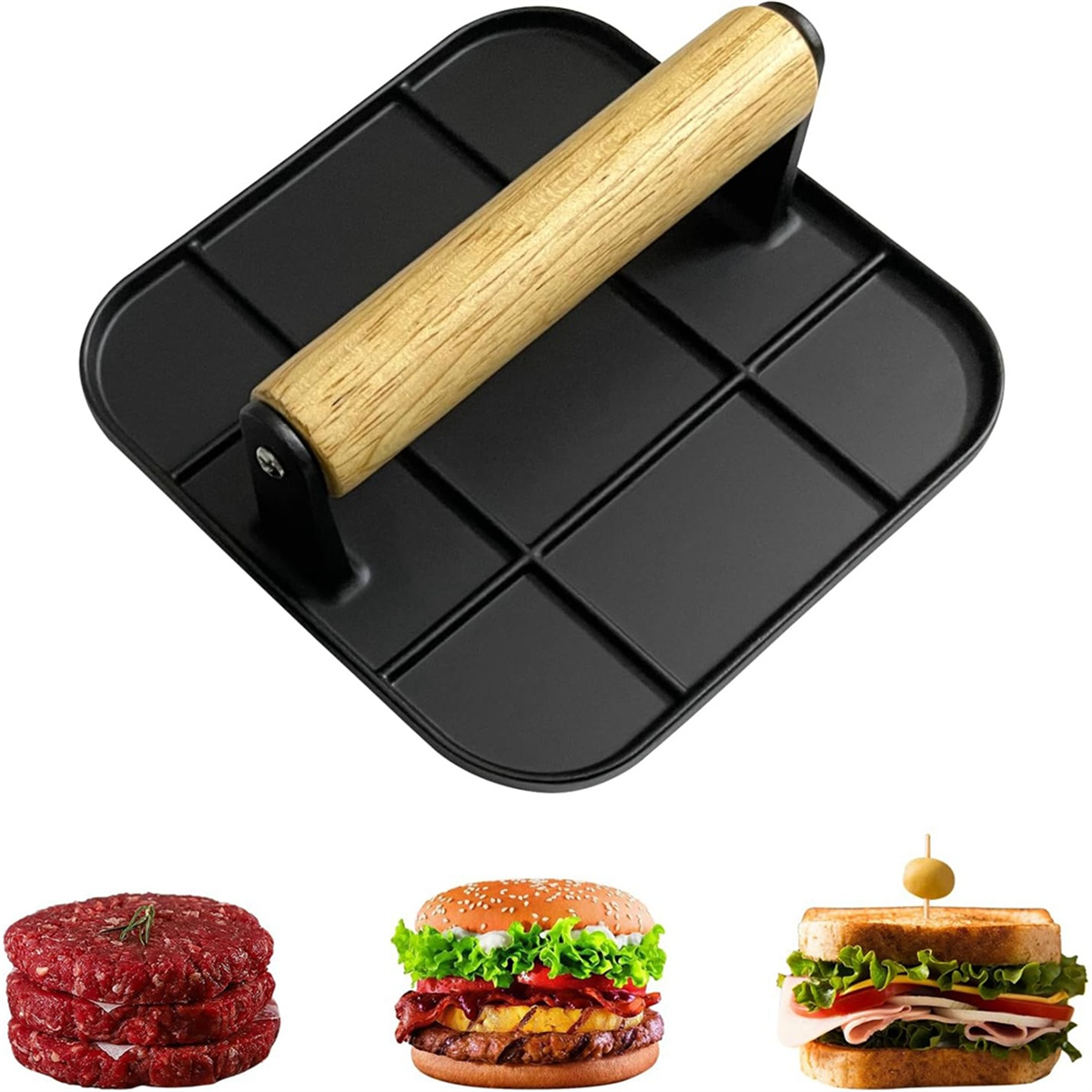 A72P Meat Press with Wooden Handle 6in Square Burger Press Aluminum Hamburger Smasher Tool Use for Grill and Griddle Cooking