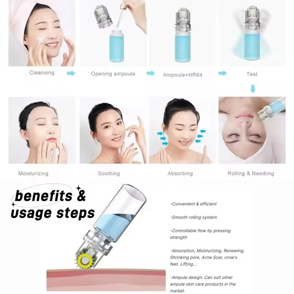 Hydra Roller 64 pins Titanium Micro Needle Derma Roller Skin Care Device Home Use Lip Face Brow Hair Scalp Serum Applicator
