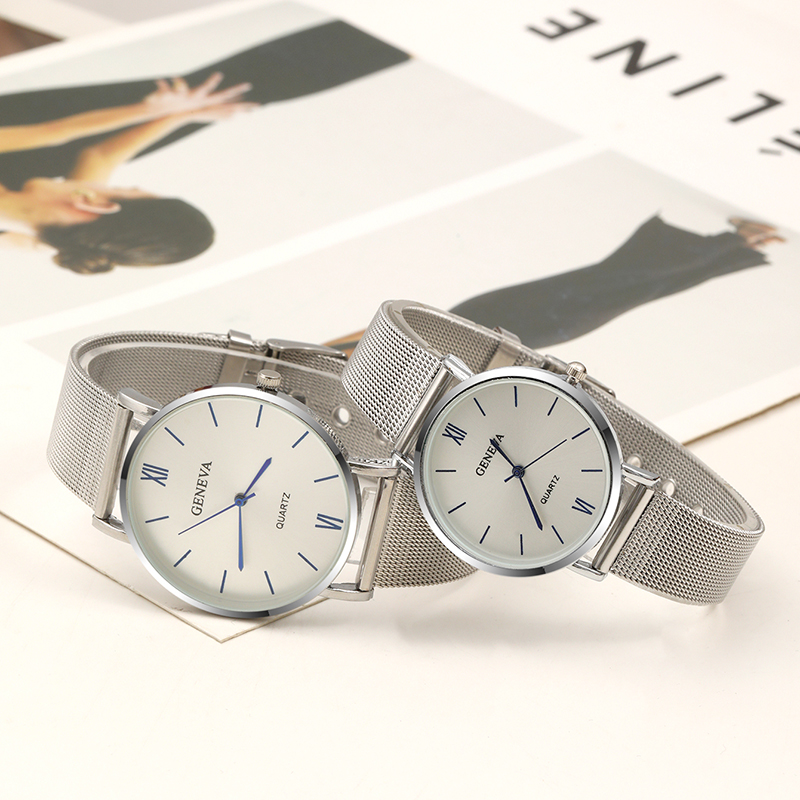 2 pçs conjunto casal moda casual relógios de luxo prata malha cinto relógio de pulso senhoras simples dial quartzo relógios de pulso vestido