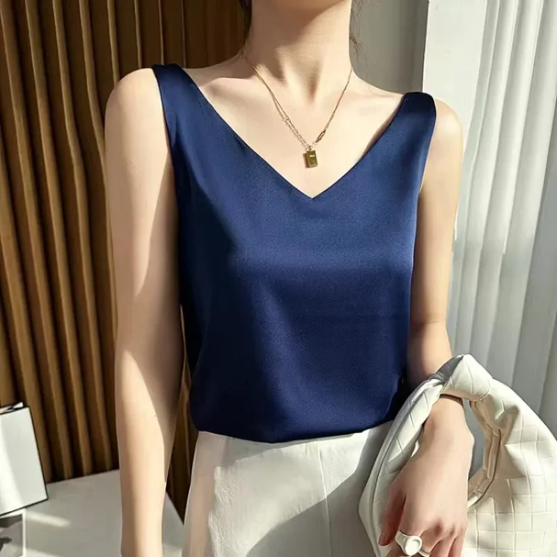 S-3XL de encaje de seda satinada para mujer, camisetas sin mangas de verano, chaleco, blusa informal para mujer con cuello en V, correas sin mangas, chaleco con cuello en V, camisa para mujer