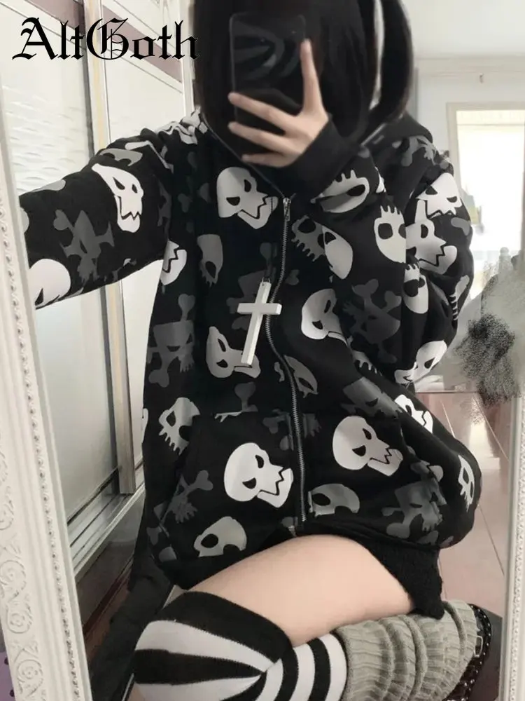AltGoth Cyberpunk Y2k sudadera mujer centro comercial gótico Harajuku estampado de calavera de manga larga con cremallera cárdigan Sudadera con capucha Emo Alt Indie ropa