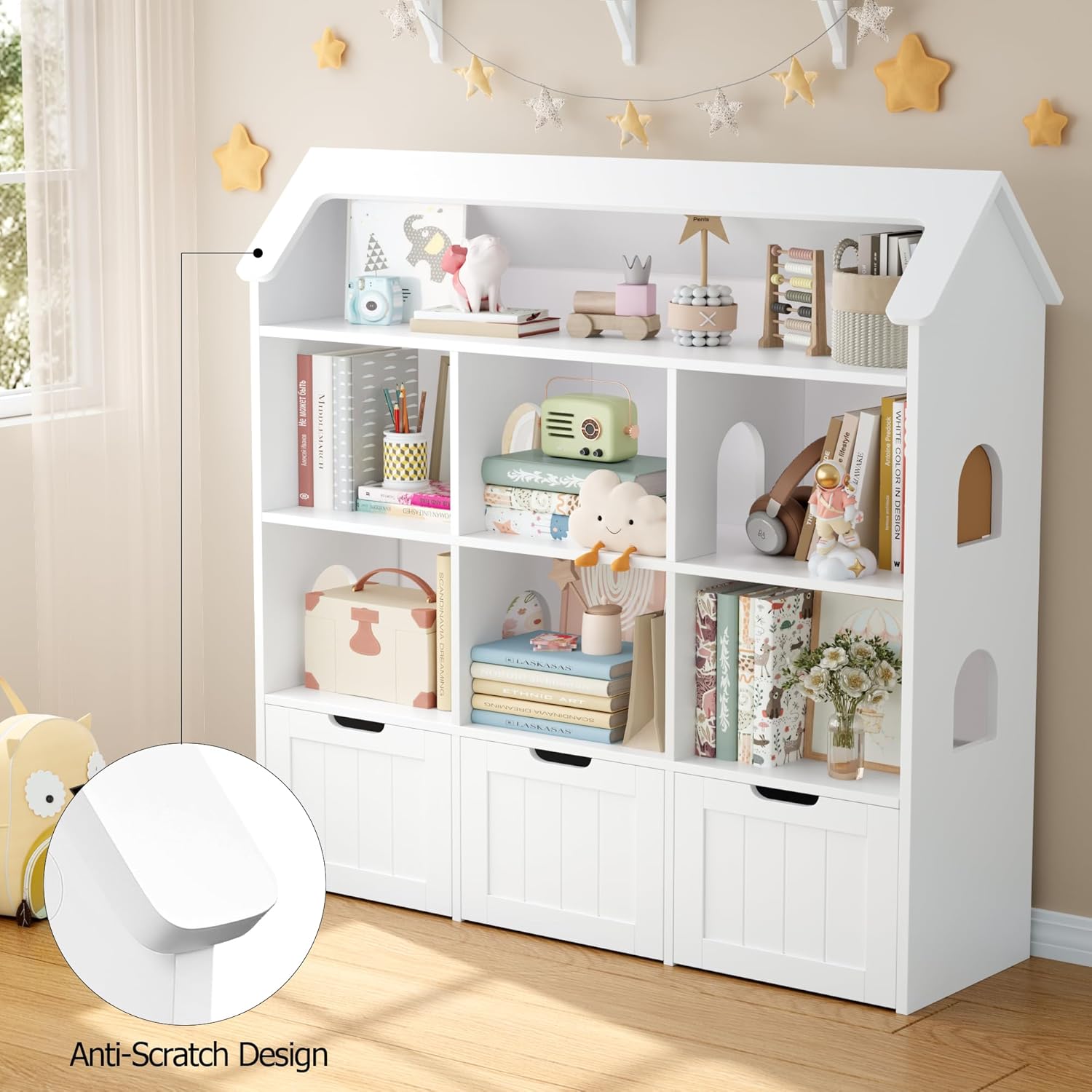 Toy Storage Organizer with House-Shaped Design, Kids Bookshelf Dollhouse Bookcase with 3 Movable Drawers and 6 Storage , Toy Org