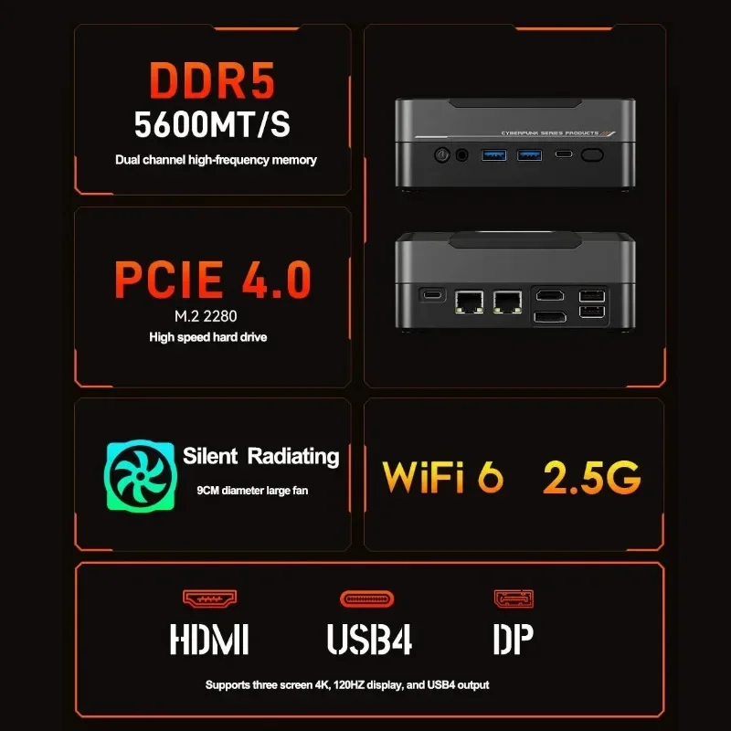 Mini PC AMD Ryzen 7 7840HS, Até 5.1GHz, 8 Núcleos, 16 Threads, Win 11, DDR5, 5600M, NVME, SSD, PCIE 4.0, WiFi 6, BT5.2