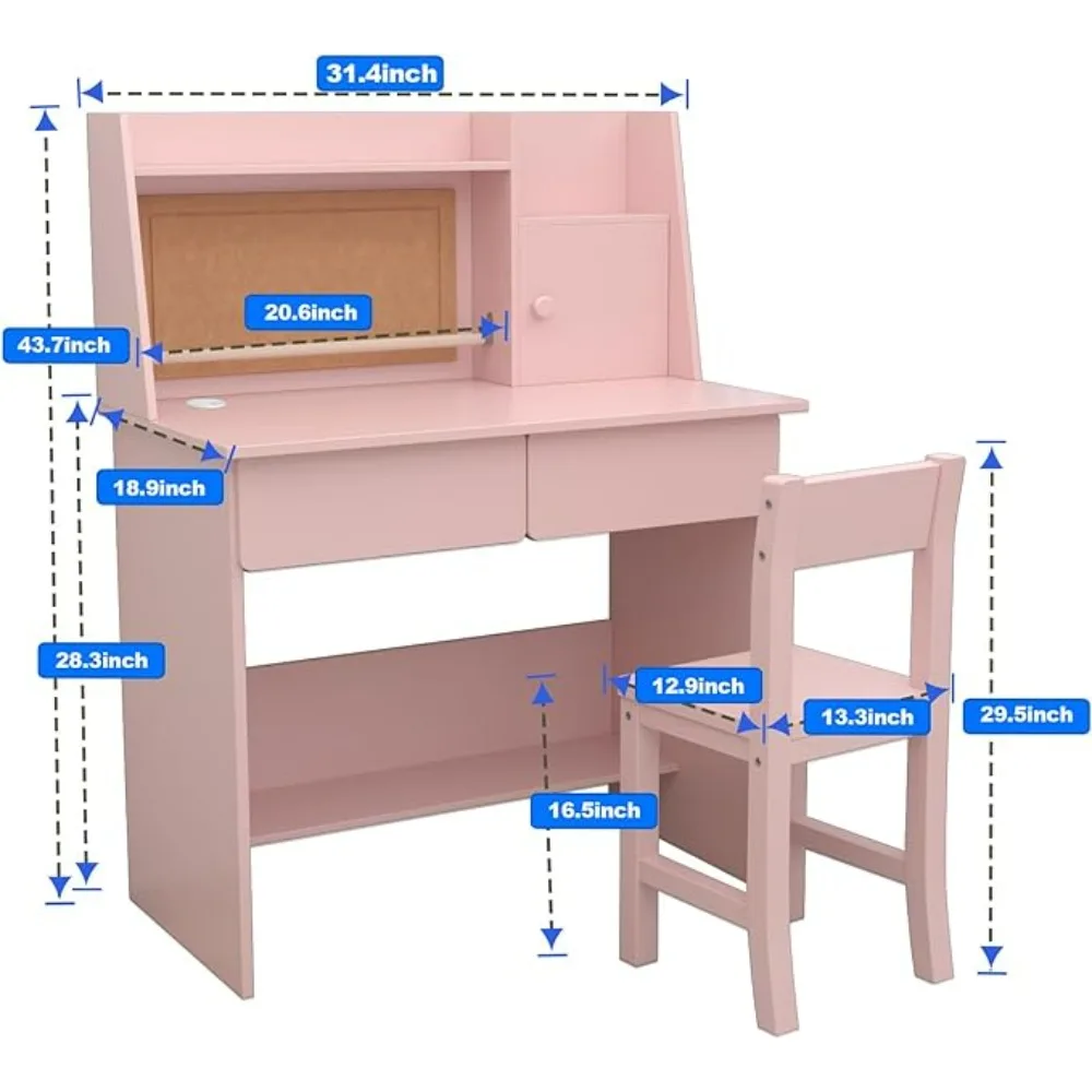 Kids Desk and Chair Set , Childrens Computer Desk with Drawers and Storage Shelf, Kids Study Table with Charging Station