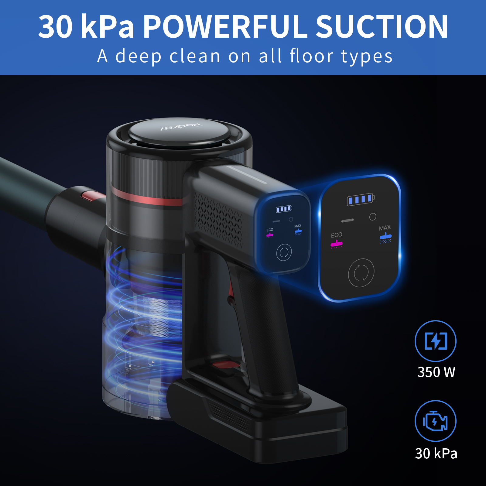 Redkey-P9-aspiradora inalámbrica 8 en 1, aspirador con filtros HEPA dobles, batería desmontable, pantalla LED, 30kPa, 350W
