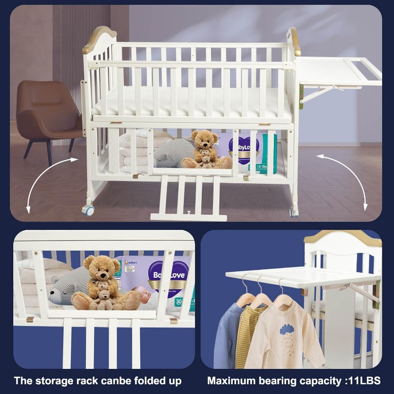 4-in-1 Convertible - Cunas para Bebes with Changing Shelf and Mattress Included,2024 Wood Baby