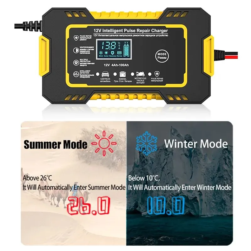12V 6A Vollautomatisches Autobatterieladegerät Power Pulse Repair Ladegeräte Nass Trocken Blei Säure Batterieladegeräte Digitales LCD-Display