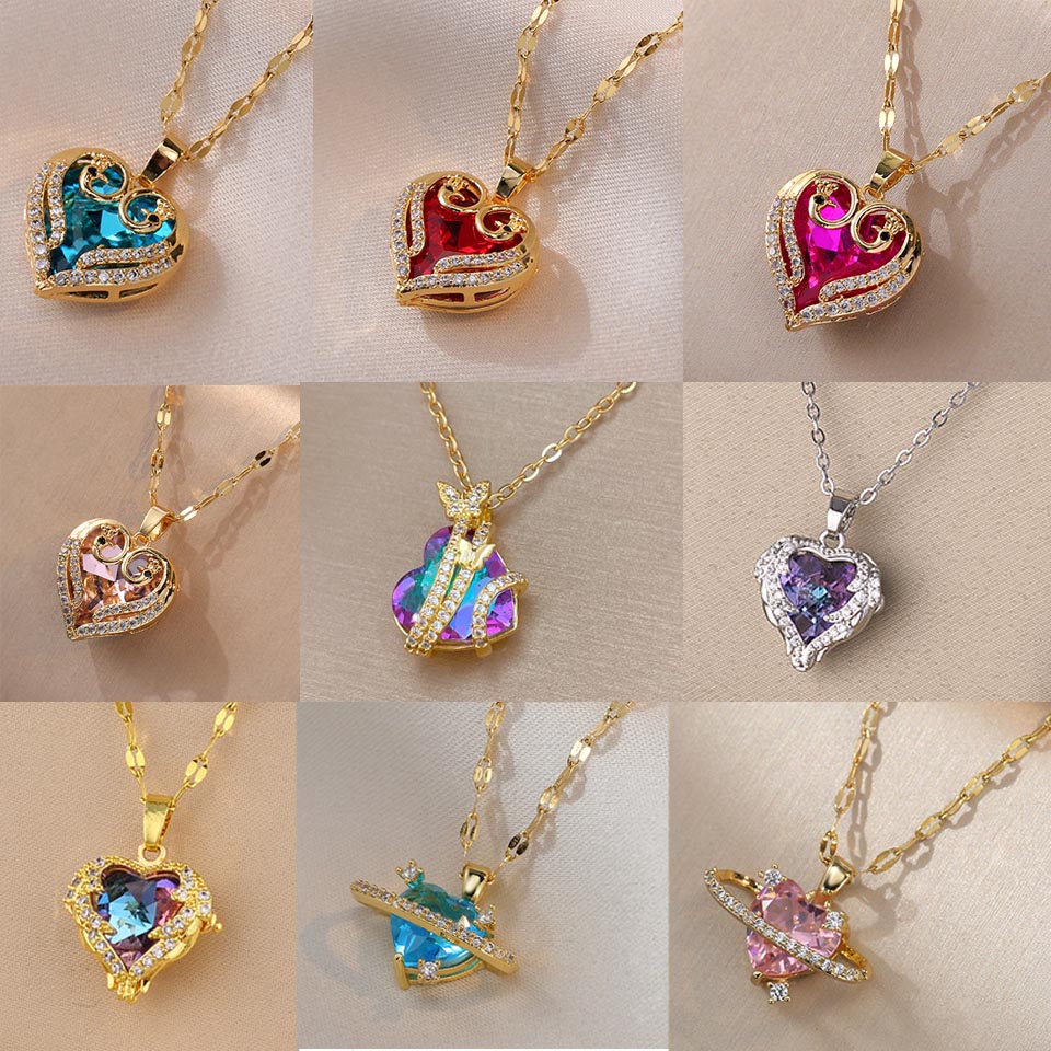 ZAKOL Gorgeous Colorful Zircon Love Heart Pendant Necklace For Women Fashion Stainless Steel Neck Chain Jewelry Gift