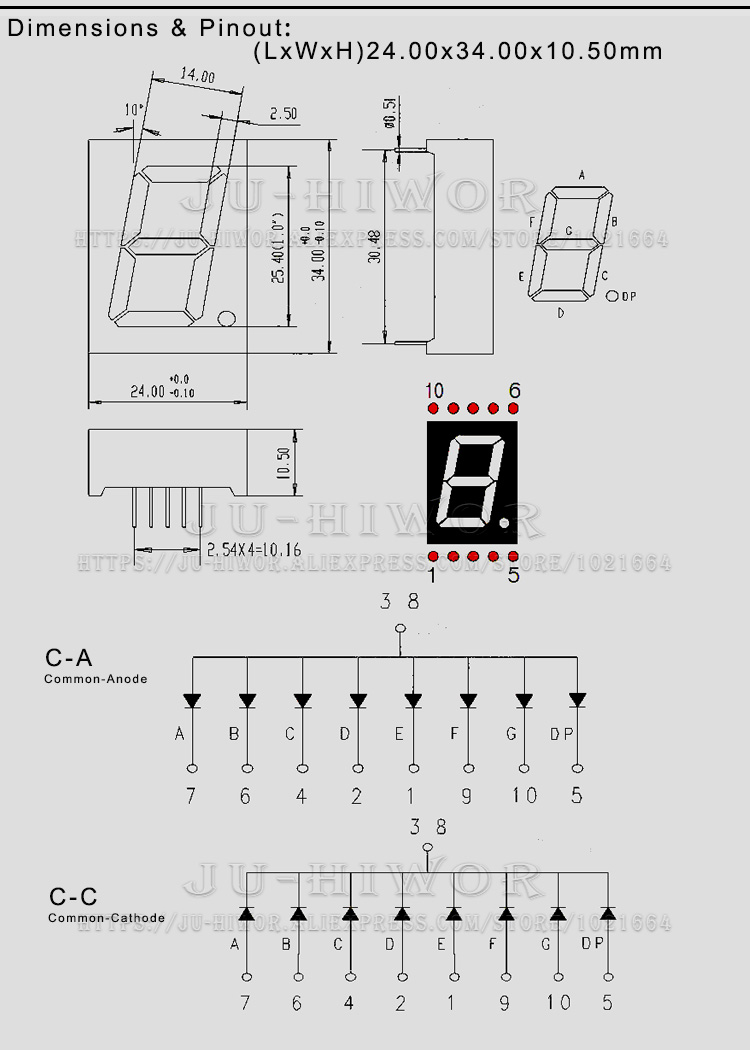 10pcs 10Pins 1106AS 1106BS 1 Inch 1 Digit Bits 7 Segment Red LED Digital Display Digitron Common Anode Cathode C-A C-C