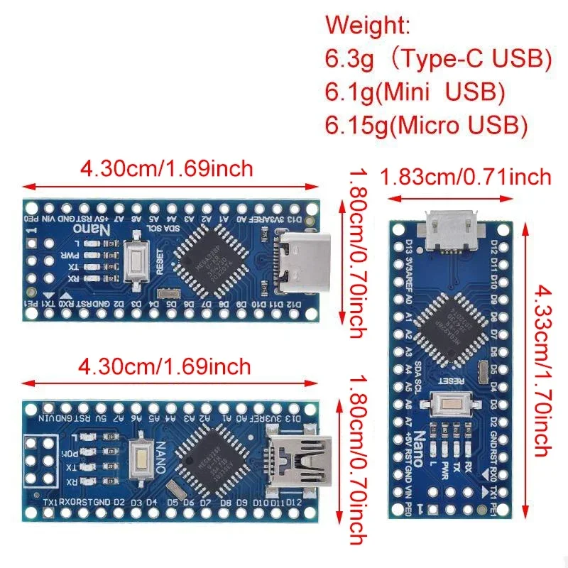 Mini/ Type-C /Micro USB Cable Nano 3.0 With Bootloader Compatible Nano Controller for Arduino CH340 USB driver 16Mhz ATMEGA328