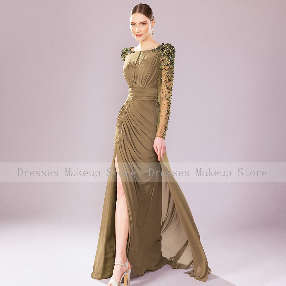 Robe de soirée en mousseline de soie fendue sur le côté pour la mère de la mariée, cristal, manches longues, colonne, robe de soirée formelle, quel que soit le vert, luxe