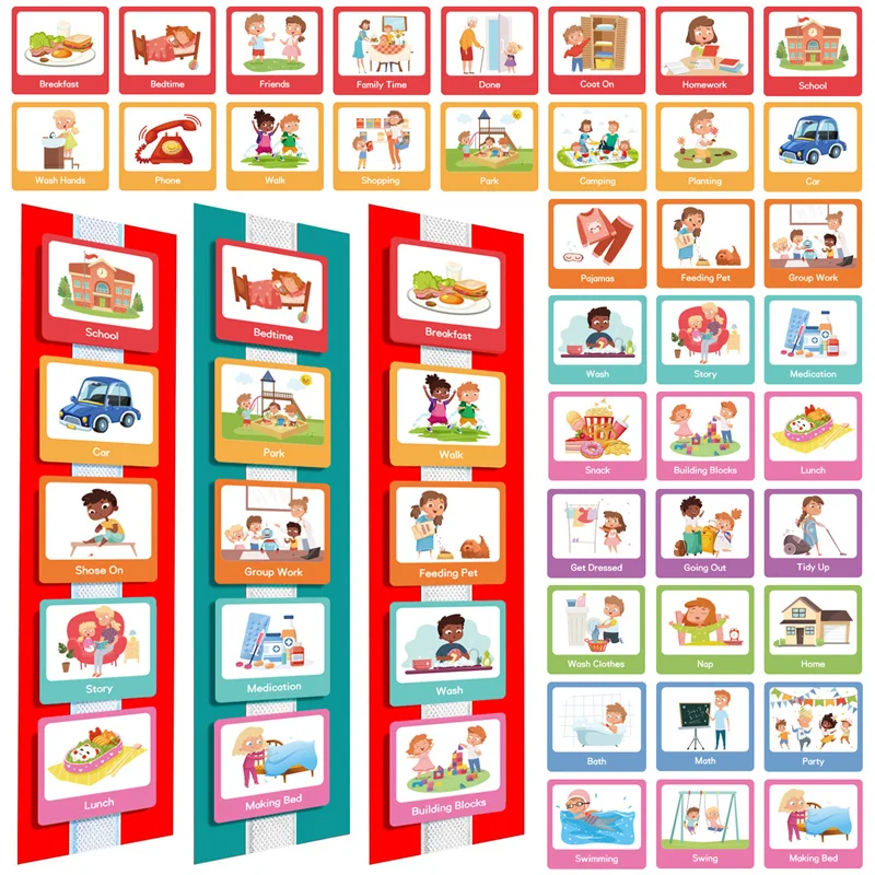 60 Cards Visual Daily Schedule Chart for Kids With Autism Pocket Chart Materials Montessori Learning Educational Toy