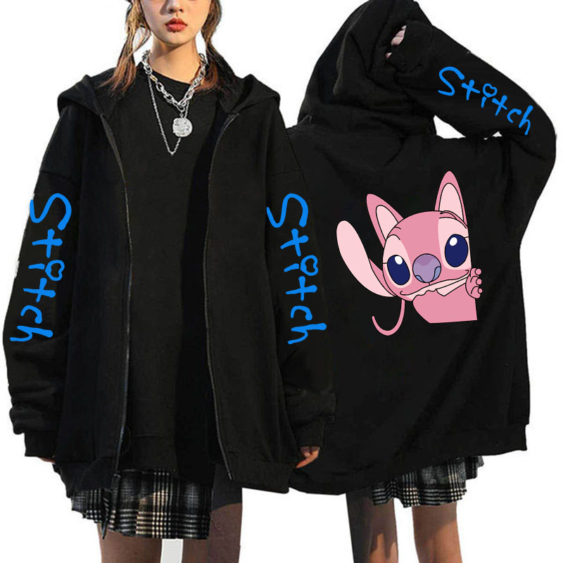 เสื้อกันหนาวขนาดใหญ่เสื้อผ้าผู้หญิงจัดส่งฟรี Disney Lilo & Stitch รูปแบบ Zip-Up Hoodies ฤดูใบไม้ร่วงฤดูหนาวแขนยาว WARM Coat