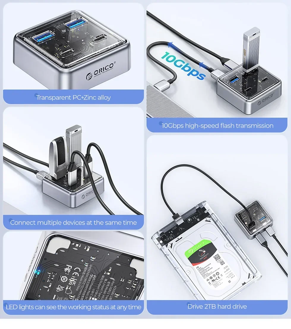 ORICO несколько портов USB A Type C, разветвитель-концентратор, 4 слота USB 3,1, 10 Гбит/с, док-станция, адаптер с несколькими портами USB3.0 для ноутбуков
