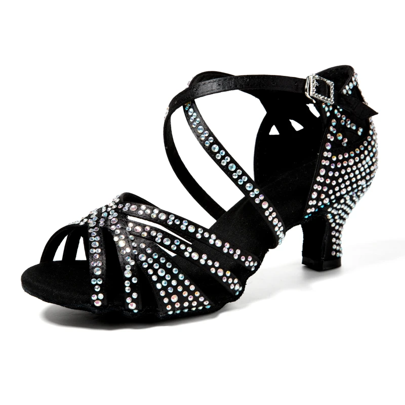 Buty do tańca latynoamerykańskiego dla dorosłych kobiet, z diamentową wkładką na średnim obcasie, modne buty do tańca do noszenia na zewnątrz, miękka podeszwa