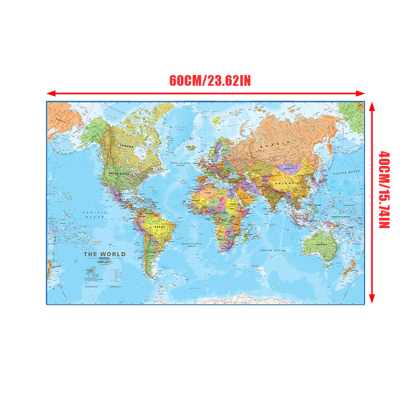 La mappa del mondo in inglese 60 * 40 cm Poster moderno da parete Immagine decorativa da appendere Materiale scolastico per pittura su tela altamente dettagliata