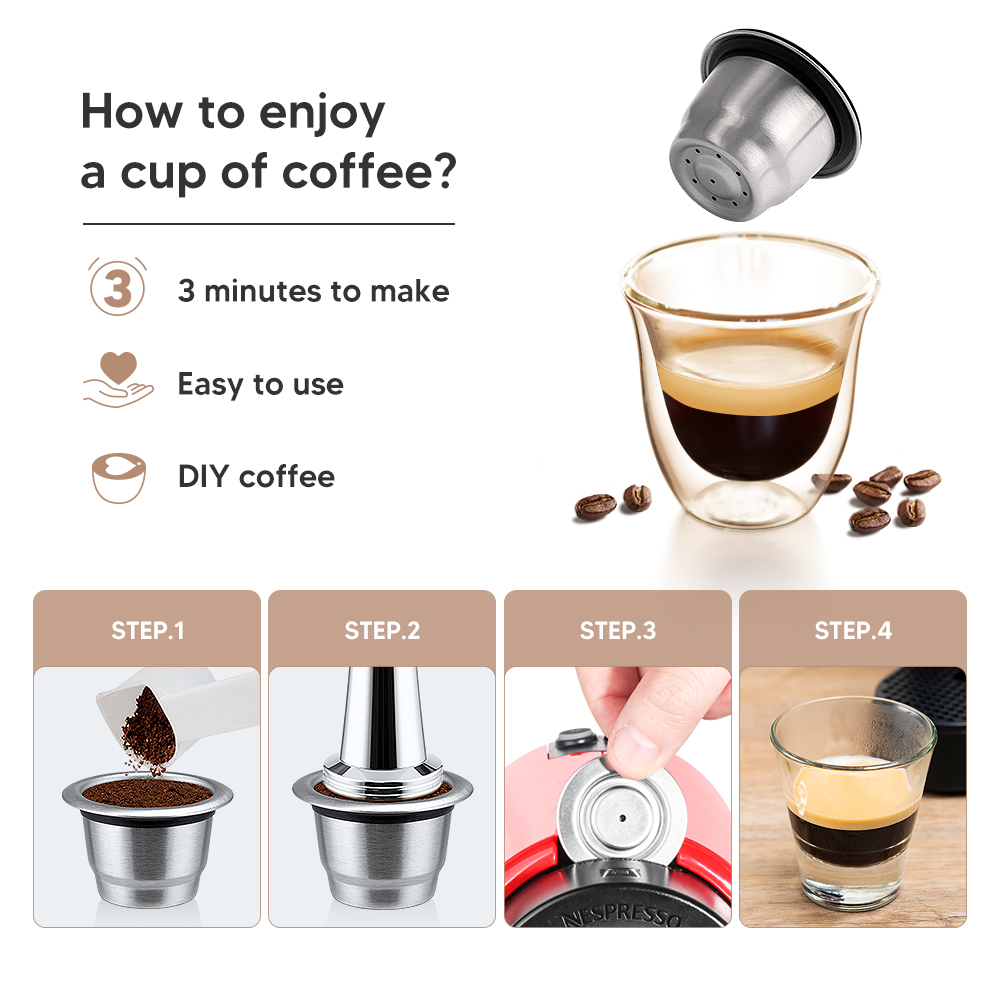 Cápsulas de café Nespresso reutilizables, taza de acero inoxidable, cápsula de café recargable, filtro de repuesto, cafetera