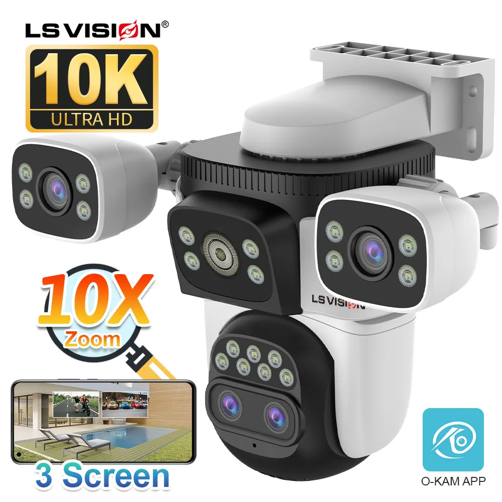 LS VISION 20MP 10X Zoom tres pantallas WiFi cámara IP inalámbrica al aire libre 10K cuatro lentes PTZ cámaras de vigilancia de seguimiento automático humano