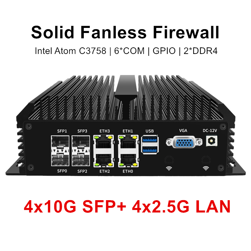 Solide lüfter lose firewall 4x10g sfp 4 xi226-v 2,5g lan intel atom c3758 8 core home server soft router mini pc gpio 6 * com AES-NI