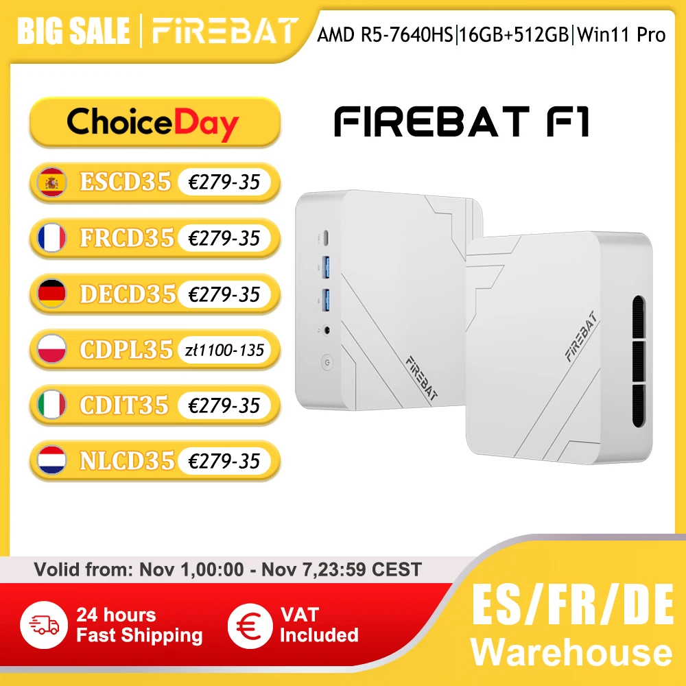 Mini PC Firebat F1 AMD Ryzen 5 7640HS 16 GB DDR5 5600 MHz 512 GB SSD Windows 11 Wi-Fi 6 BT5.2 USB4.0 Mini computer desktop da gioco