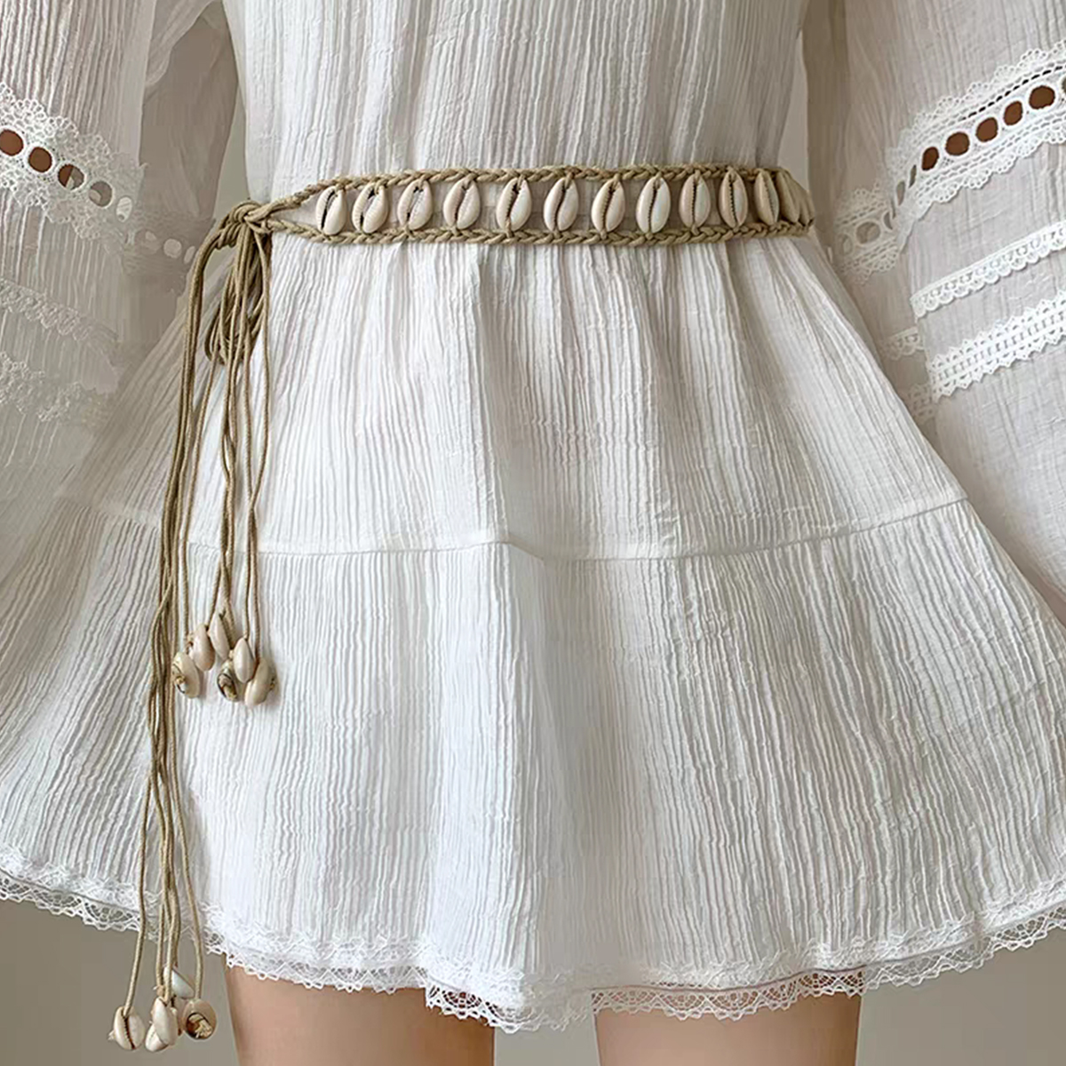Desinger cintos para mulheres nó cintura verão boho concha grânulo vestido jeans cinto feminino praia acessório bege cera cabo