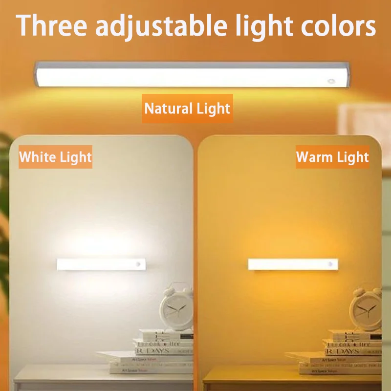 Luz LED con Sensor de movimiento, luz nocturna LED inalámbrica tipo C, luz recargable para armario, lámpara de armario, retroiluminación de escalera para cocina