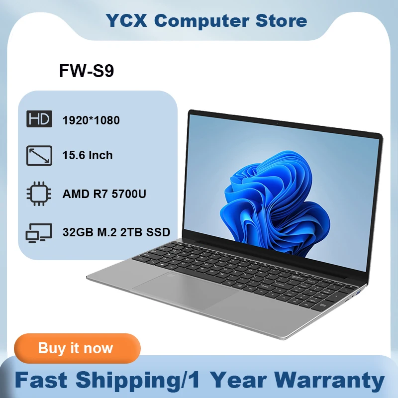 FW-S9 Gaming Laptop 15.6 Inch AMD R7 5700U Laptop 32GB DDR4 M.2 2TB SSD Windows 11 Backlit Keyboard Fingerprint Unlock Computer