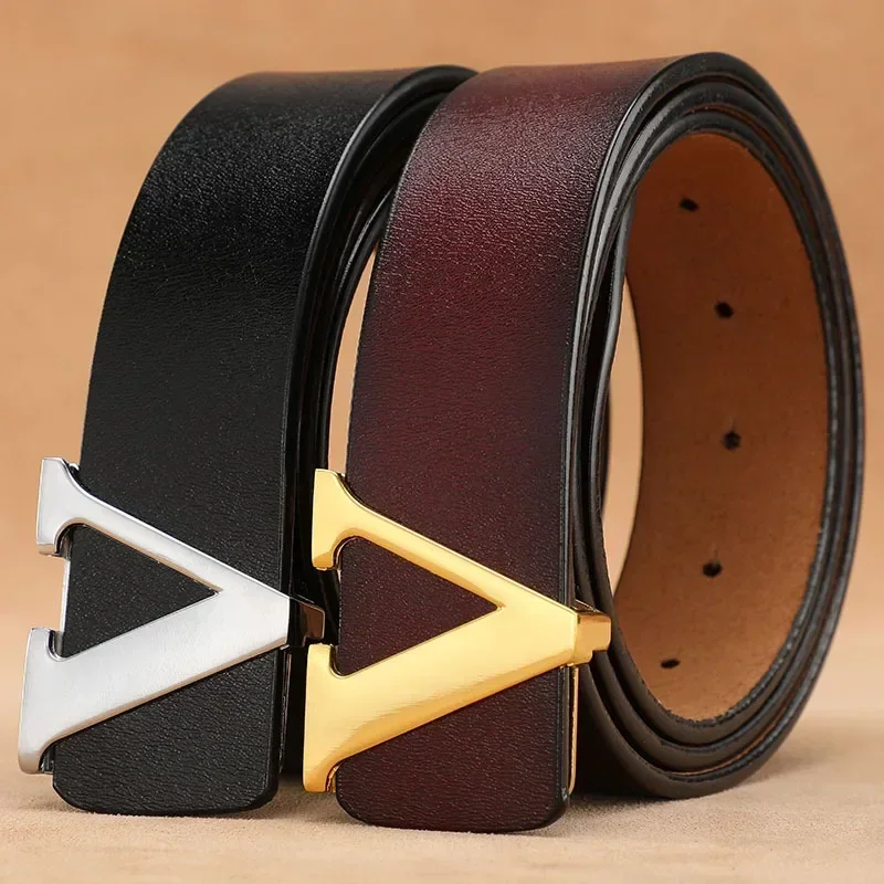 Cinturón con hebilla lisa de alta calidad para hombre, cinturón vaquero con letra V de piel de vaca pura de cuero genuino para hombre y mujer, cinturón masculino de lujo de diseñador