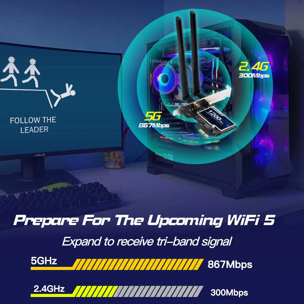 Беспроводной адаптер WiFi 5 AC1200 PCI-E Сетевой адаптер BT 4,0 двухдиапазонный 2,4G/5 ГГц 802.11AC Настольный ноутбук ПК для Windows 7/8/10/11