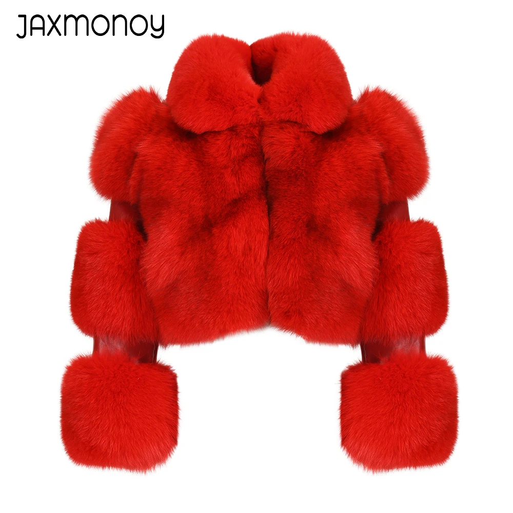 Jaxmonoy Natürliche Echt Fox Pelzmantel Kurzen Stil Frauen Winter Warme Luxus Pelz Jacke Schafe Leder Outwear Weibliche Drehen Unten Kragen