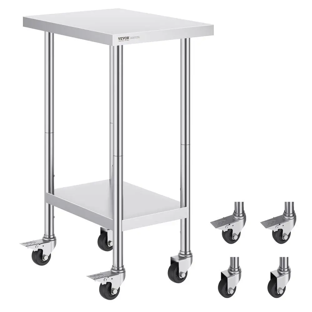 Heavy Duty Stainless Steel Worktable 24x18x38 Inch 4 Wheels Adjustable Height for commercial Kitchen Silver