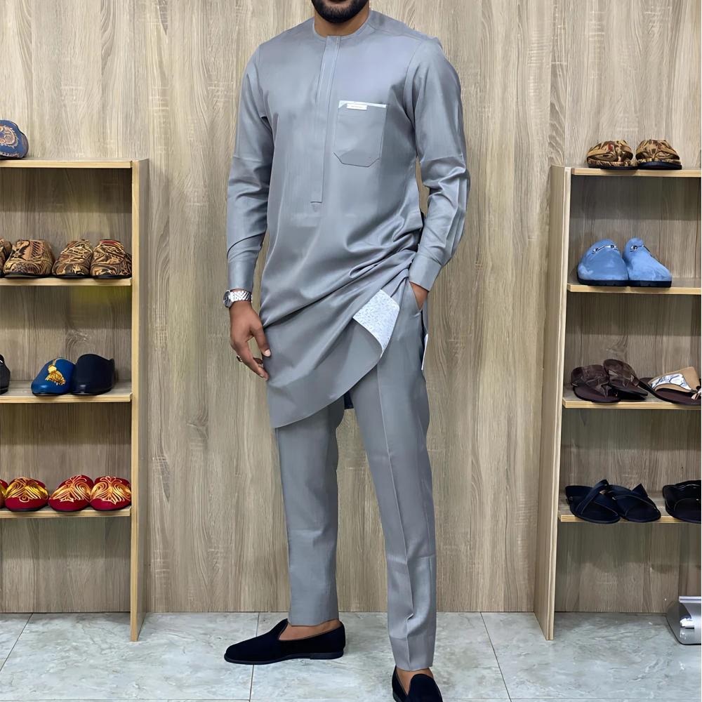 Herren-Social-Anzüge, 2er-Set, Herren-Rundhalsausschnitt, lange Ärmel, einfarbig, getäfelte Hemden, Festival, Party, afrikanischer Ethno-Stil (M-4XL)